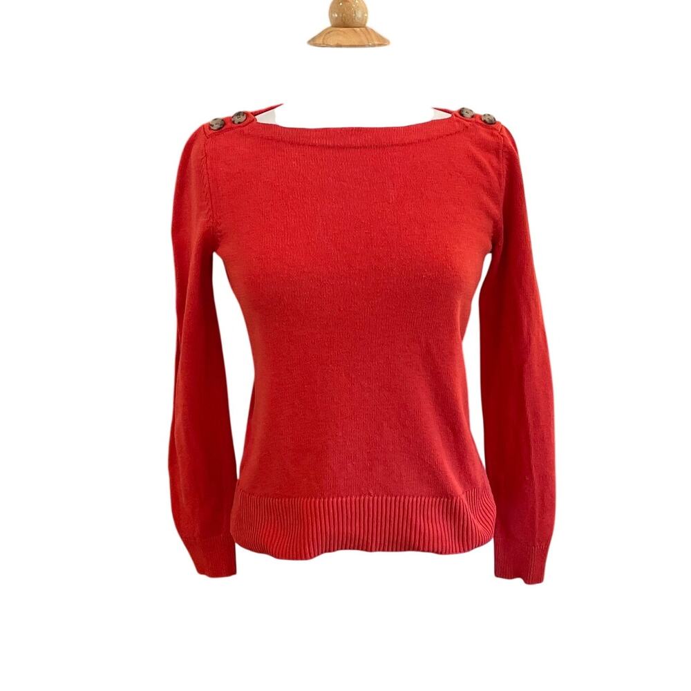 Ann Taylor LOFT Red / Orange Long Sleeve Boat Neck Sweater, Button Detail, S